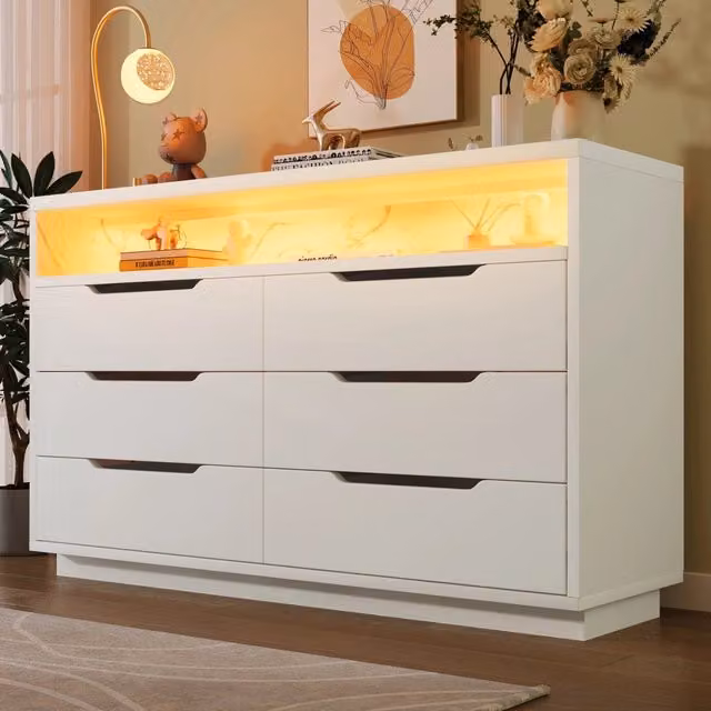 Credenza REDOM Bianca con Illuminazione LED Integrata e 6 Cassetti L/P/H: 120 x 40 x 85 cm