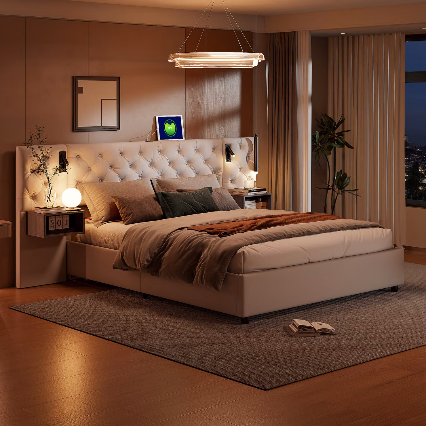CDGlobal letto imbottito 140x200cm con USB, letto giovanile letto matrimoniale con rete a doghe e contenitore, letto contenitore con LED, lino, grigio