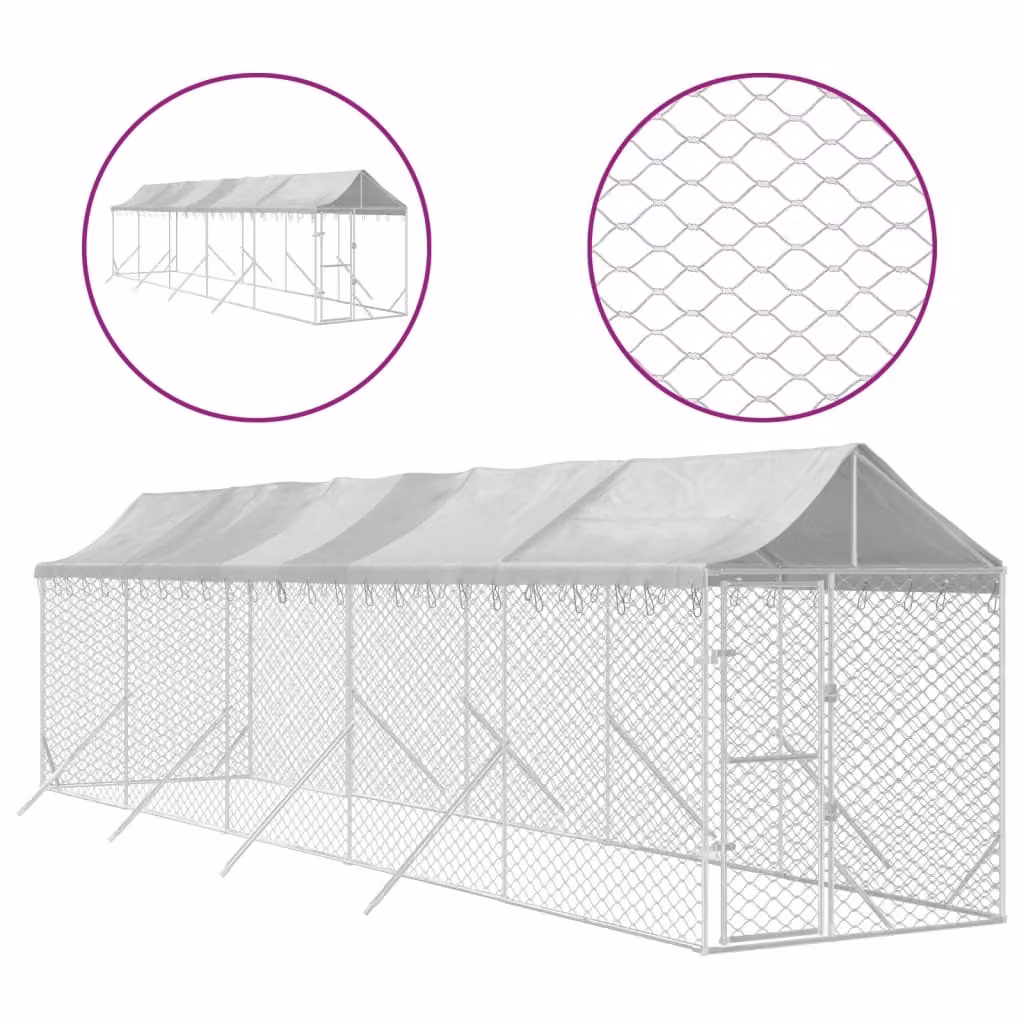 Cuccia Cani da Esterno Tetto Argento 2x10x2,5 m Acciaio Zincato