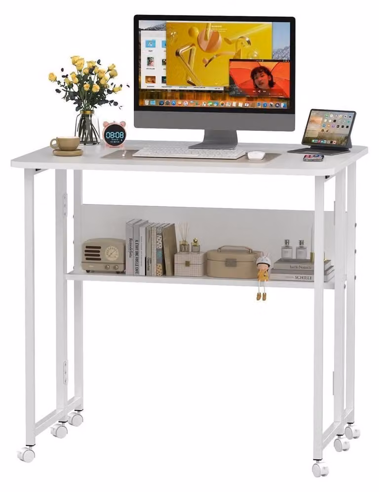Scrivania regolabile in altezza, su ruote, colore bianco, dimensioni 80 x 58 x 75 cm