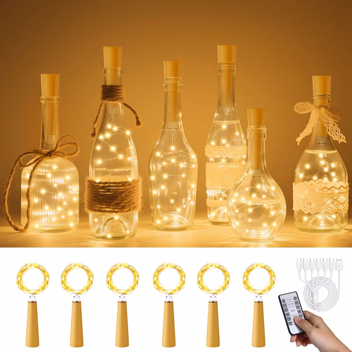 Set di 6 luci per bottiglie con tappo, lunghezza 2 metri, 20 LED, ricaricabili