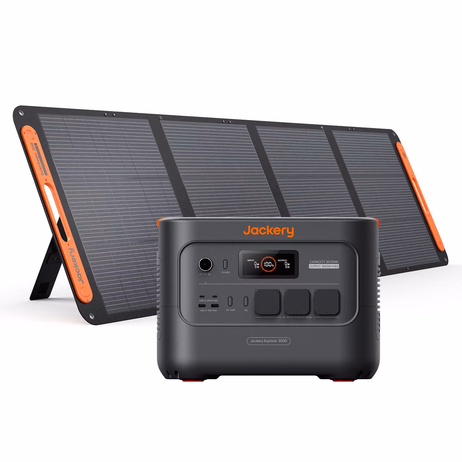Jackery Powerstation E3000 v2 con pannello solare da 200W, generatore solare da 3072Wh con batteria LFP, 3600W di potenza continua, 2x USB-C PD100W, stazione di alimentazione compatta