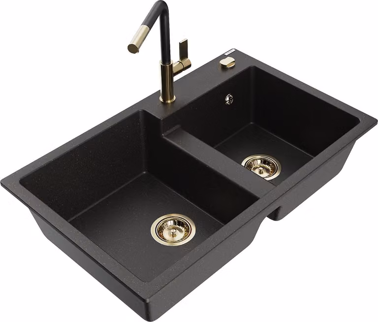 Mexen Tomas lavello in granito a 2 vasche con miscelatore cucina Flora, nero/dorato metallico - 6516-75-670401-57-G