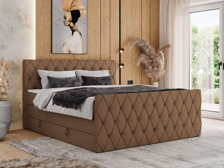 Letto con rete a molle MKS MEBLE, 200 x 200 cm, con contenitore, letto 200 x 200 cm con materasso H3, letto con rete a molle 200 x 200 cm con topper - Miren King Duo - Ecopelle marrone - H3