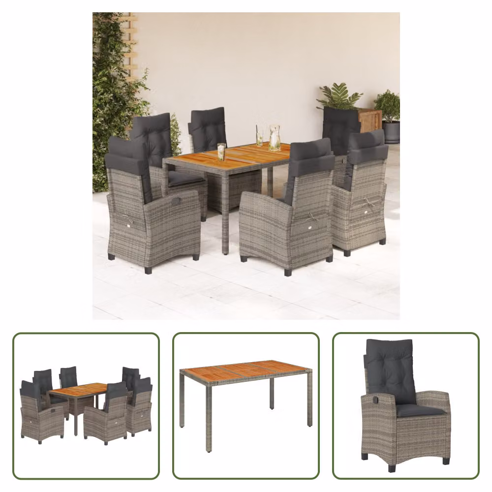 The Living Store Set da pranzo da giardino 7 pezzi con cuscini in poly rattan grigio