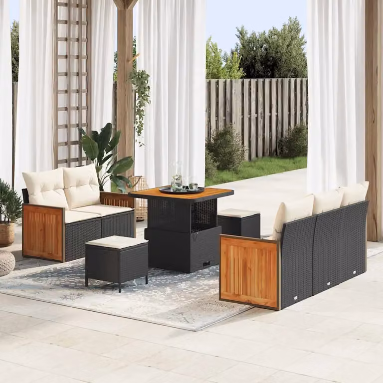 Set Divano da Giardino a L vidaXL 10 Pezzi con Tavolino e Pouf Nero e Beige
