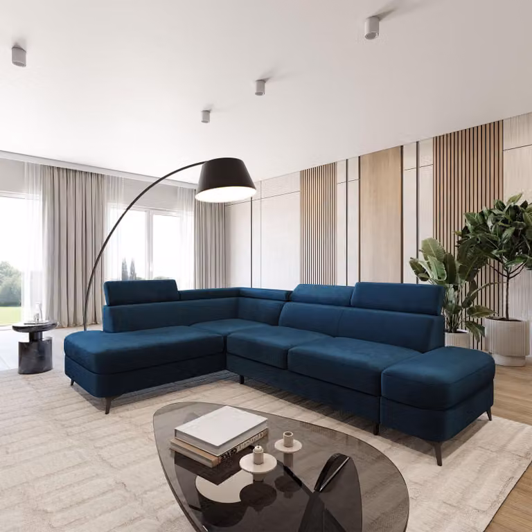 Divano ad angolo Masseno AVISE M L-S con funzione letto a L, divano con contenitore, divano da salotto, divano, divano letto, set divani - Blu, MONOLITH 77
