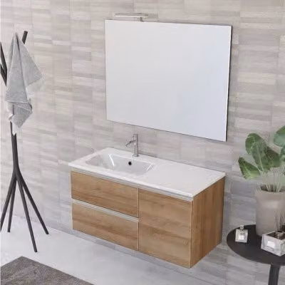 Mobile bagno sospeso Master INBAGNO in rovere miele con lavabo a sinistra, cassetti, anta e specchio con illuminazione LED, Larghezza: 100 cm – 1