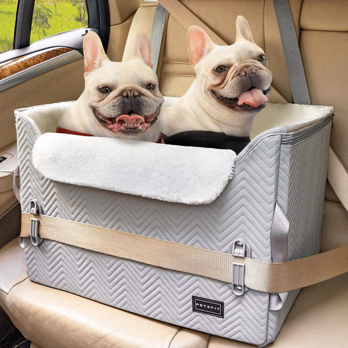 Seggiolino per auto per cani di piccola/media taglia, rialzo per cani con cestino e 2 cinture di sicurezza, grigio e bianco, taglia M