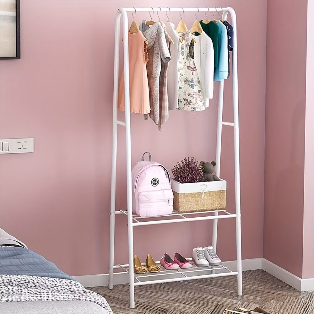 Porta abiti in metallo autoportante con ripiano per scarpe - Organizzatore per abiti con 2 ripiani, ideale per la camera da letto