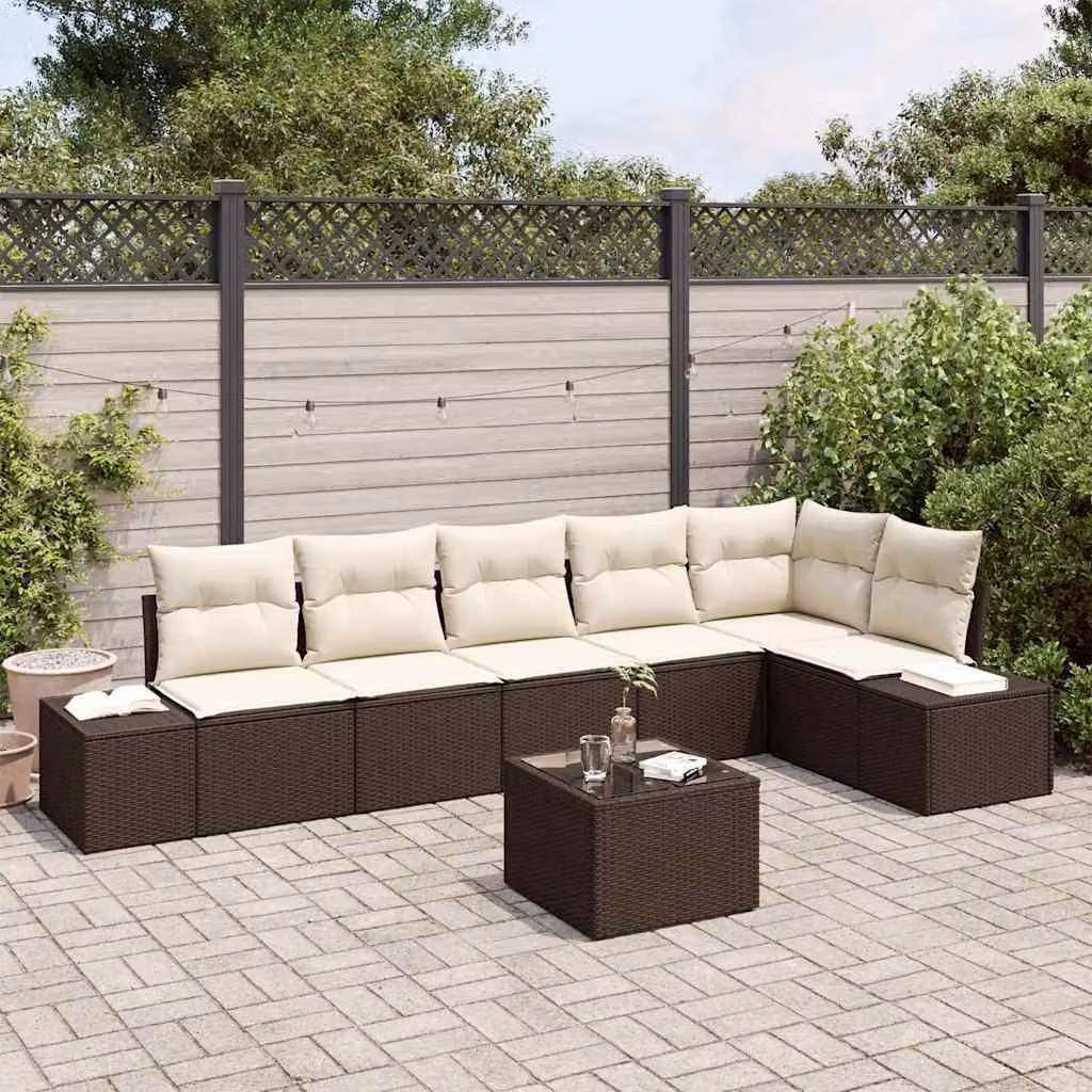 Maison Exclusive - Set da giardino composto da 7 pezzi. Divano e poltrone in rattan sintetico, color marrone e crema