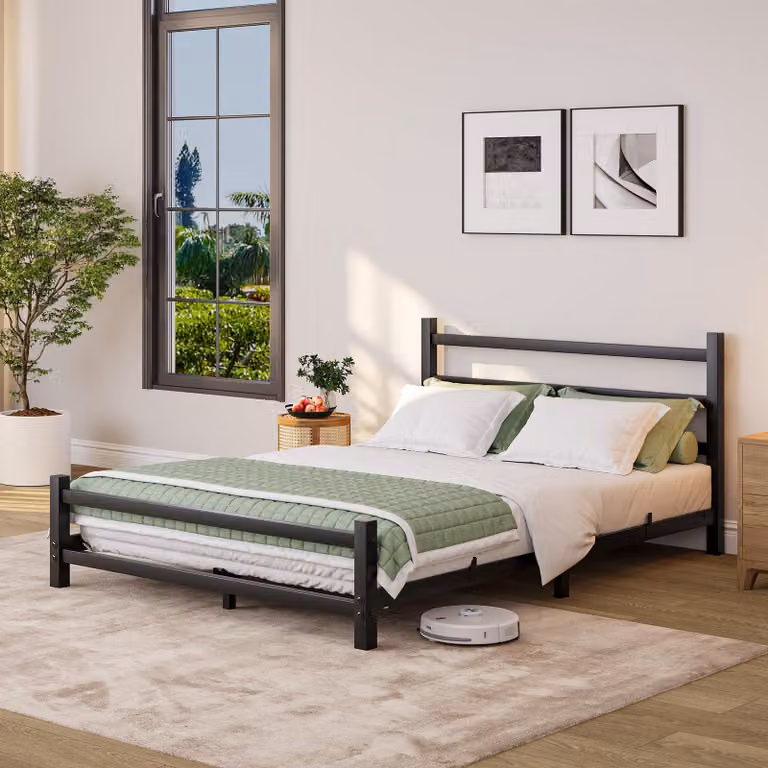 Letto matrimoniale in metallo, dimensioni 120x200 cm, colore nero, altezza da terra 16 cm, completo di rete a doghe