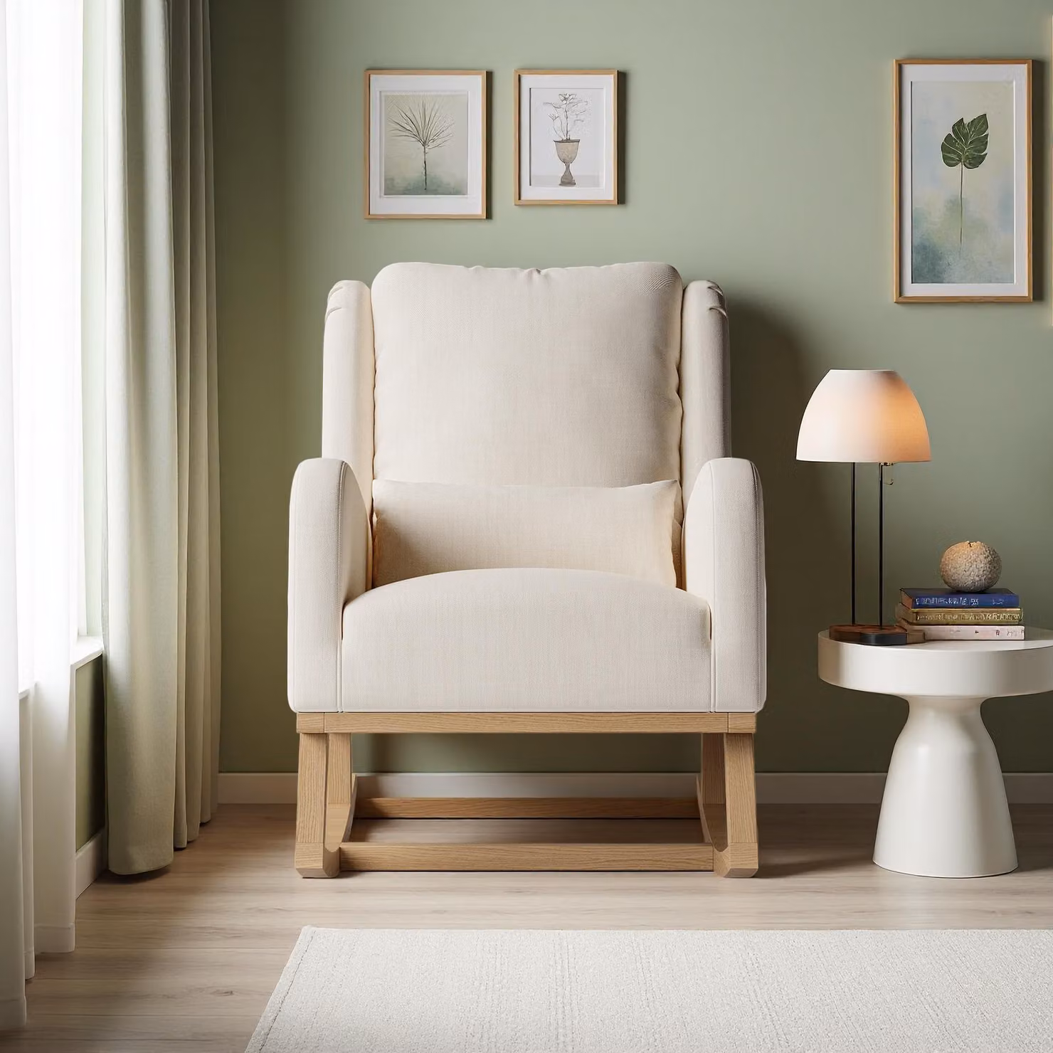 INONEFT: Poltrona a dondolo, poltrona relax, poltrona imbottita, poltrona a dondolo per soggiorno, con base in legno, capacità di carico fino a 130 kg, tessuto in lino, colore beige, dimensioni 93 x 68 x 96 cm