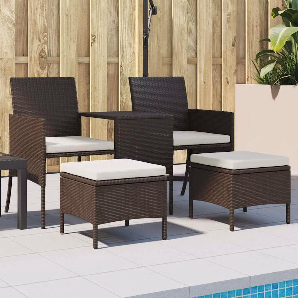 Set da giardino vidaXL composto da divano a 2 posti, tavolino e pouf in rattan marrone con cuscini bianchi e struttura in acciaio – 1