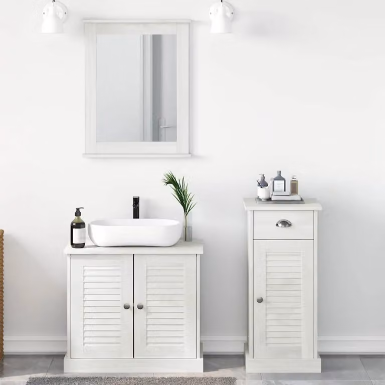 Set di mobili per il bagno moderno vidaXL in legno di pino bianco, composto da 3 pezzi con ante a cerniera e ripiani interni