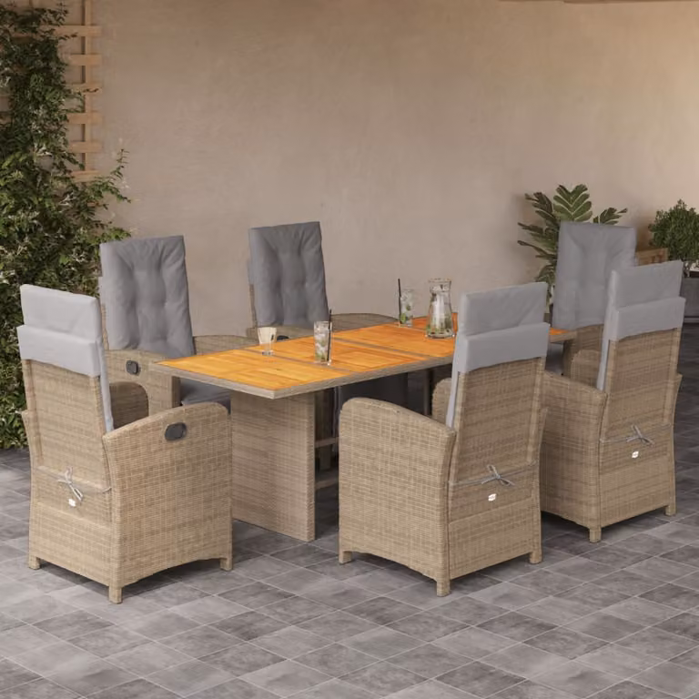 Set da pranzo da giardino vidaXL in polyrattan con cuscini beige e legno di acacia, 7 pezzi