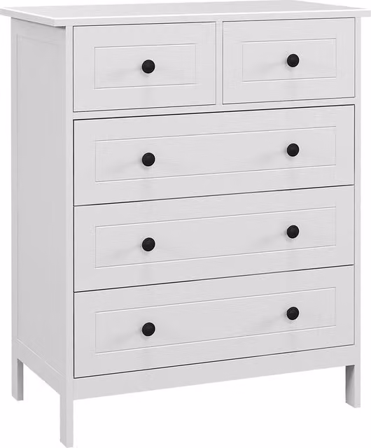 Cassettiera HOMCOM in legno con 5 cassetti salvaspazio e sistema antiribaltamento, ideale per camera da letto, Bianco, L: 74 cm, P: 40 cm, H: 91 cm