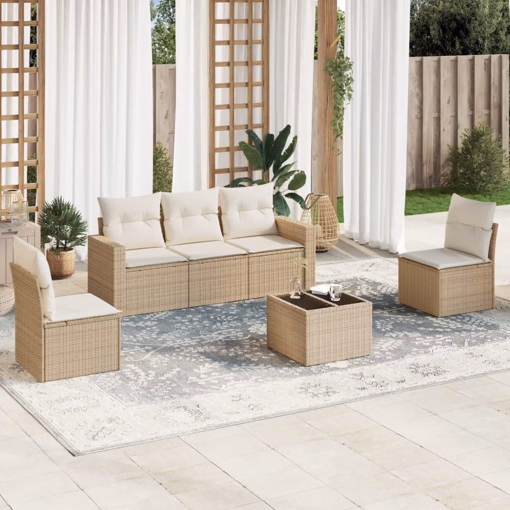 Set Divano da Giardino 6 pz vidaXL con Cuscini Beige e Tavolino in Vetro, Design Moderno a L con Struttura in Metallo e Polyrattan – 1