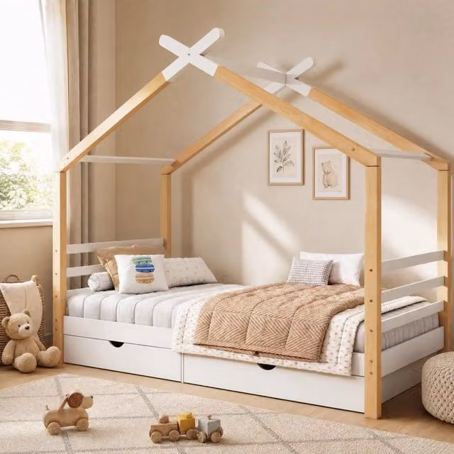 Letto a casetta per bambini 90x200 cm in legno di pino con cassetti e rete, bianco