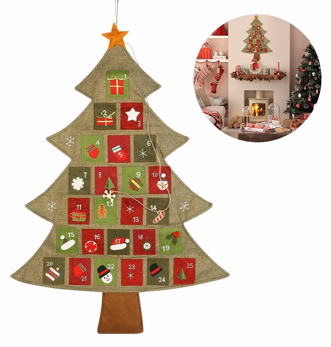 Calendario dell'Avvento a forma di albero di Natale, dimensioni 64x89 cm, con 25 decorazioni