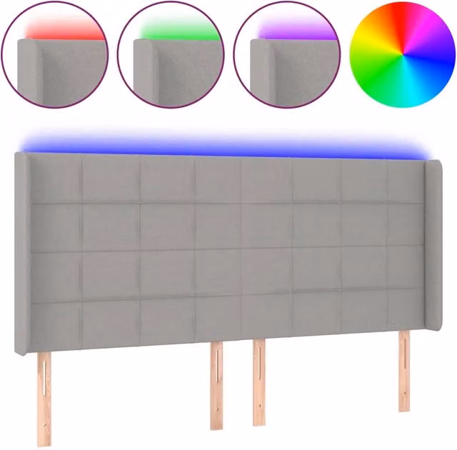 Testiera moderna in tessuto grigio con illuminazione LED integrata e porta di ricarica USB, L: 203 cm, P: 16 cm, H: 118/128 cm – 1