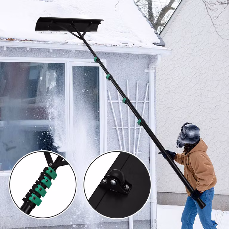 Pala da neve telescopica per tetti Izrielar, lunga 4,8 metri, con lama in alluminio e labbro in gomma, resistente, adatta per pannelli solari, tetti e sentieri del giardino.