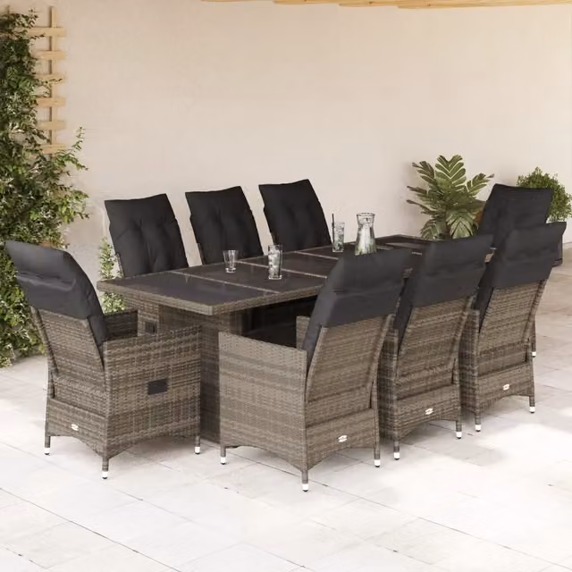 Set Bistrò da Giardino vidaXL in Polyrattan Grigio con Cuscini e Tavolo in Vetro, 9 Pezzi – 1