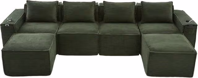 Divano modulare 330x162x75 cm in velluto a coste verde con portabevande