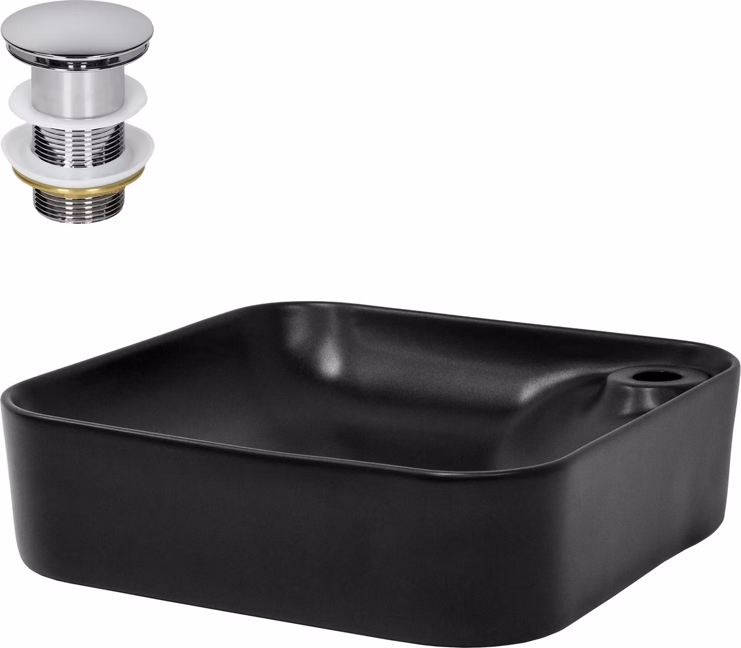 LuxeBath Lavabo da appoggio Square, 43x43x12 cm, nero, in Vetroceramica, incl. set di scarico senza troppopieno