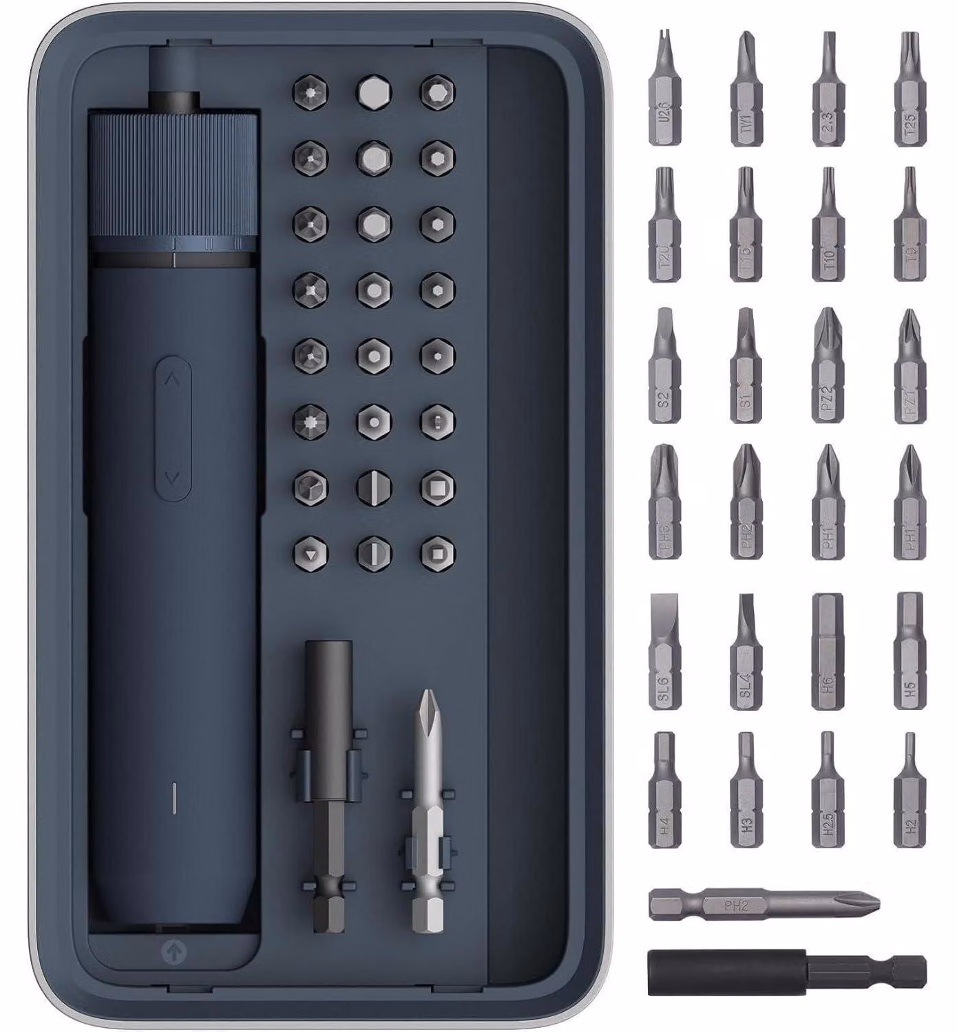Set di avvitatori elettrici con 25 punte, luce LED, 3 livelli di coppia, batteria da 1500 mAh e connettore USB-C