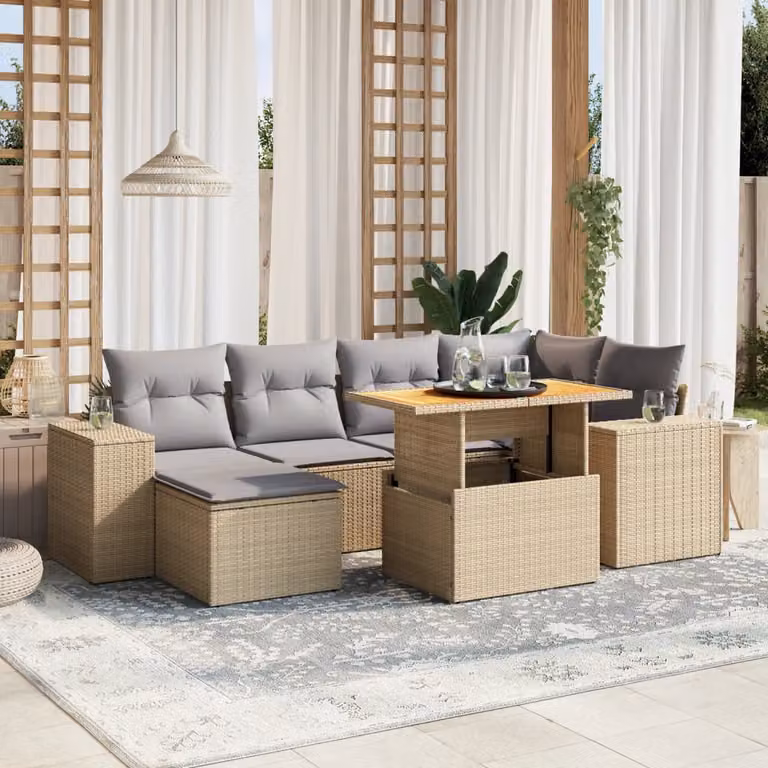 vidaXL Set Divani da Giardino 7 pz in Polyrattan Beige con Cuscini e Tavolino da Esterno