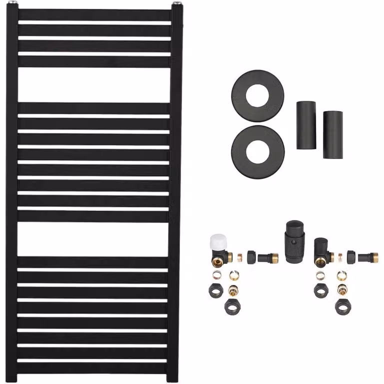 Set radiatore per bagno Vincenzo - riscaldamento centralizzato - attacco laterale - 300W - nero opaco - 970x450 mm