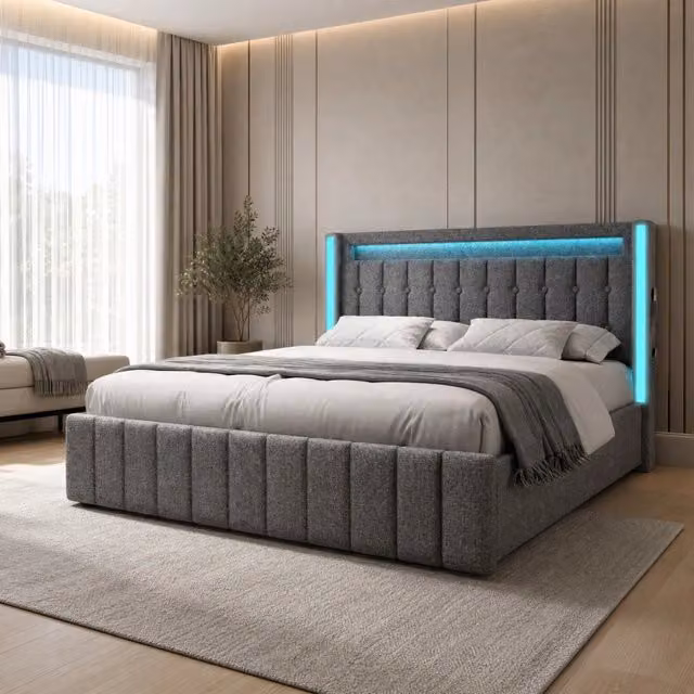 Letto imbottito 160x200 cm con ricarica USB Tipo C, illuminazione LED e 4 cassetti grigio, struttura letto con doghe in legno senza materasso