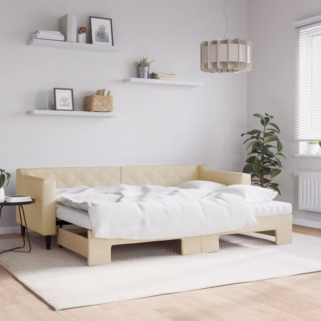 vidaXL Divano Letto Estraibile in Tessuto Beige con Materassi