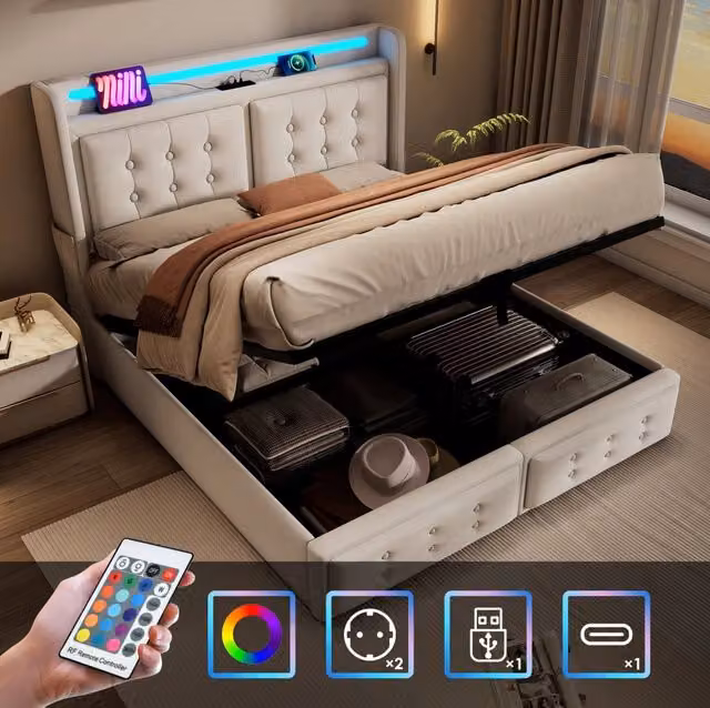 Letto imbottito ULEVR 140x200 cm con contenitore a gas, LED, prese USB e Type-C, beige