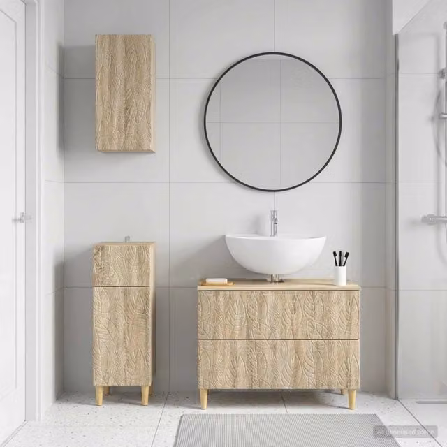 Set di 3 mobili da bagno moderni vidaXL in legno marrone con vanità, pensile e mobile laterale con ripiani e cassetti