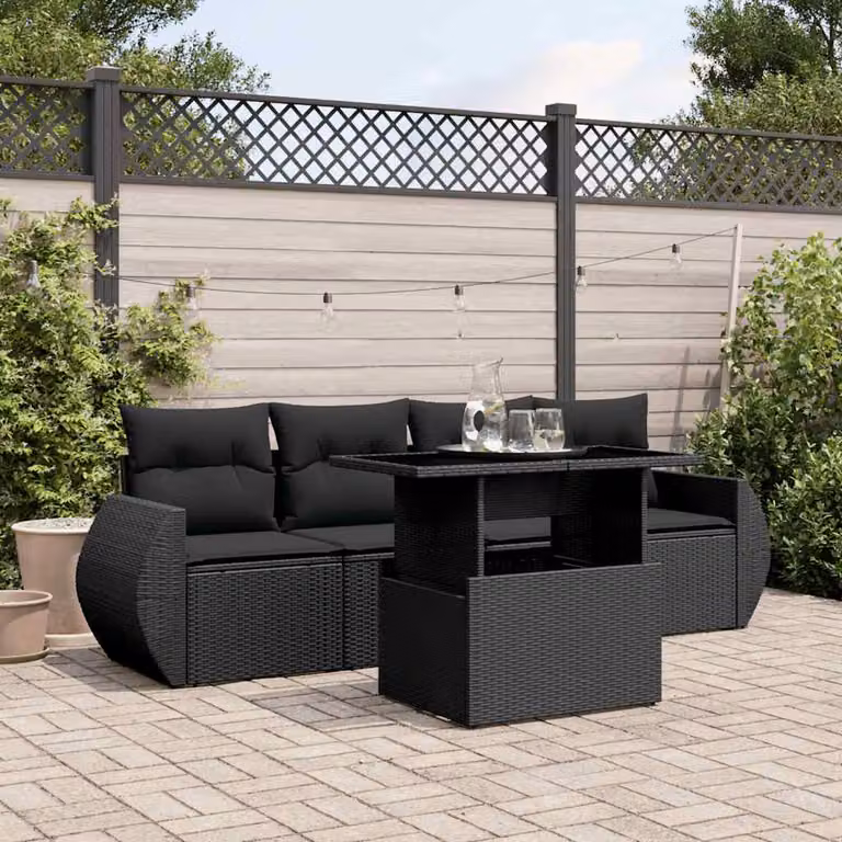 Set Divani da Giardino vidaXL 5 Pezzi in Polyrattan Nero con Cuscini e Tavolino da Esterno