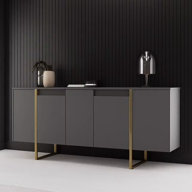 Credenza Arta, Buffet da soggiorno, Madia da salotto, Dispensa da cucina, 160x35h80 cm, Antracite e Oro