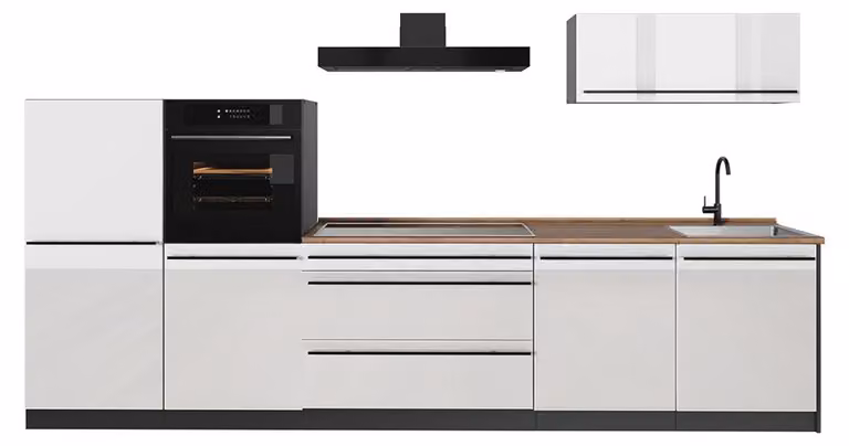 Cucina componibile Vicco R-Line Bianco lucido/Antracite 340 cm piano di lavoro Rovere dorato, Model 66522