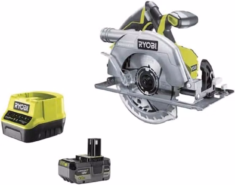 Sega circolare a batteria RYOBI 18 V ONE+ Brushless R18CS7-140GZL (diametro lama 184 mm, profondità di taglio 90°/45° 60/42 mm, regolazione della profondità senza attrezzi, incl. lama, guida parallela, batteria da 4,0 Ah e caricabatterie)