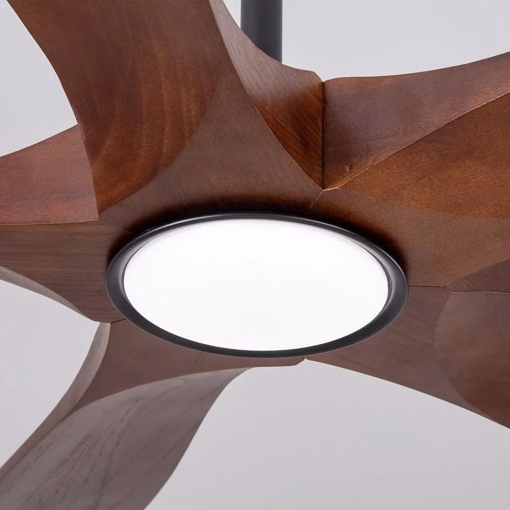 Ventilatore da soffitto Minimal con illuminazione dimmerabile e cinque pale in legno massello, telecomando, 6 velocità, silenzioso, marrone e nero, 132 cm