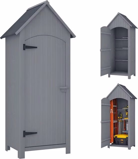 Casetta Porta Attrezzi in Legno a 3 Mensole con Tetto Impermeabile in Bitume, 77.5x54.2x179.5 cm, Grigio