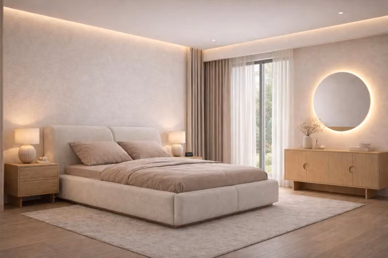 Set da camera da letto moderno in beige Letto Consolle in legno Specchio rotondo