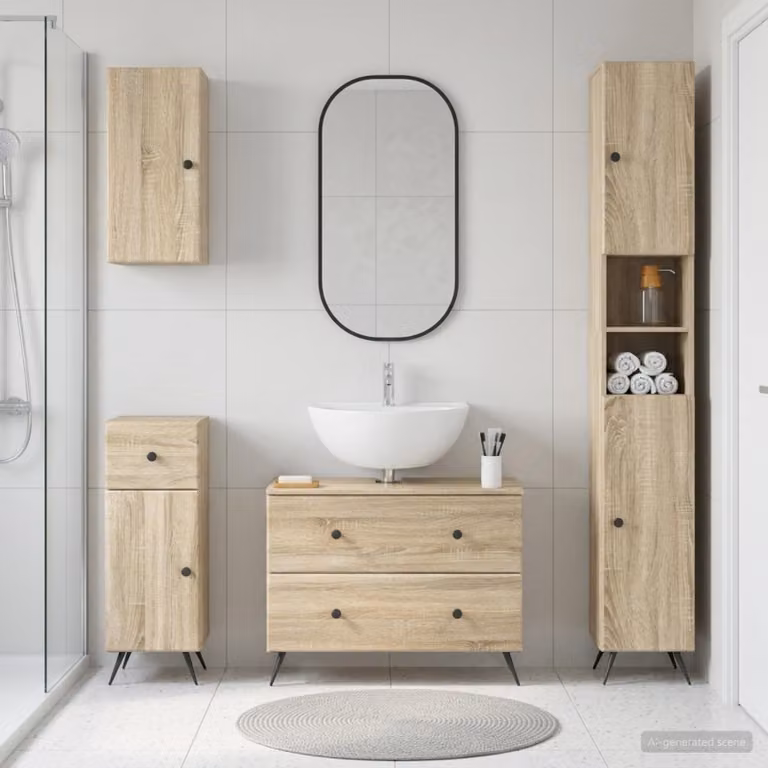 Set di mobili da bagno moderno vidaXL BREDA in rovere color marrone, composto da 4 pezzi con base lavabo e pensili, L/P/H: 190 x 41 x 82 cm