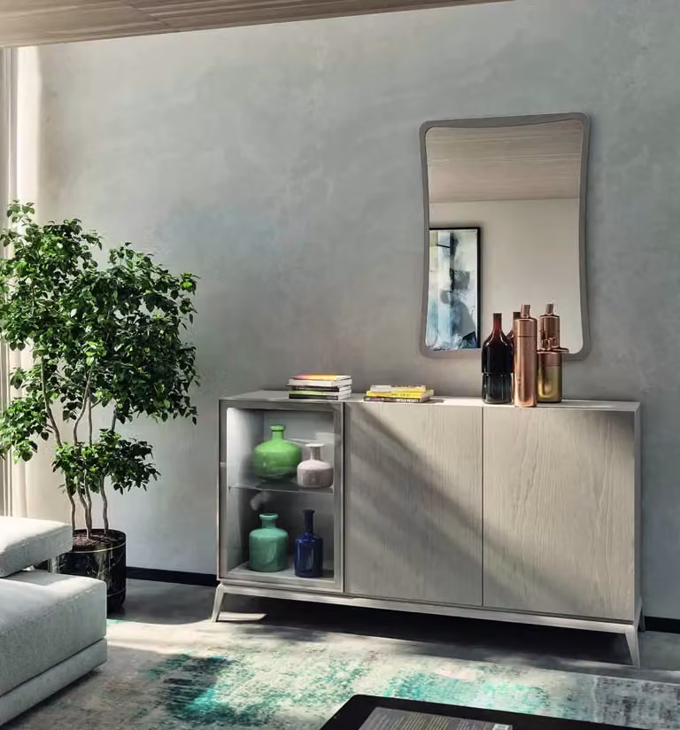 Madia moderna Mobili2g in legno di frassino grigio opaco con ante e illuminazione integrata L: 185 cm, P: 49 cm, H: 99 cm
