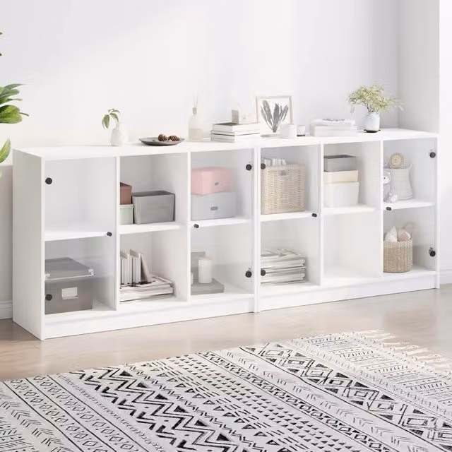 Libreria Moderna vidaXL con Ante in Vetro e Ripiani in Legno, Bianca e Nera, L/P/H: 204 x 37 x 75 cm