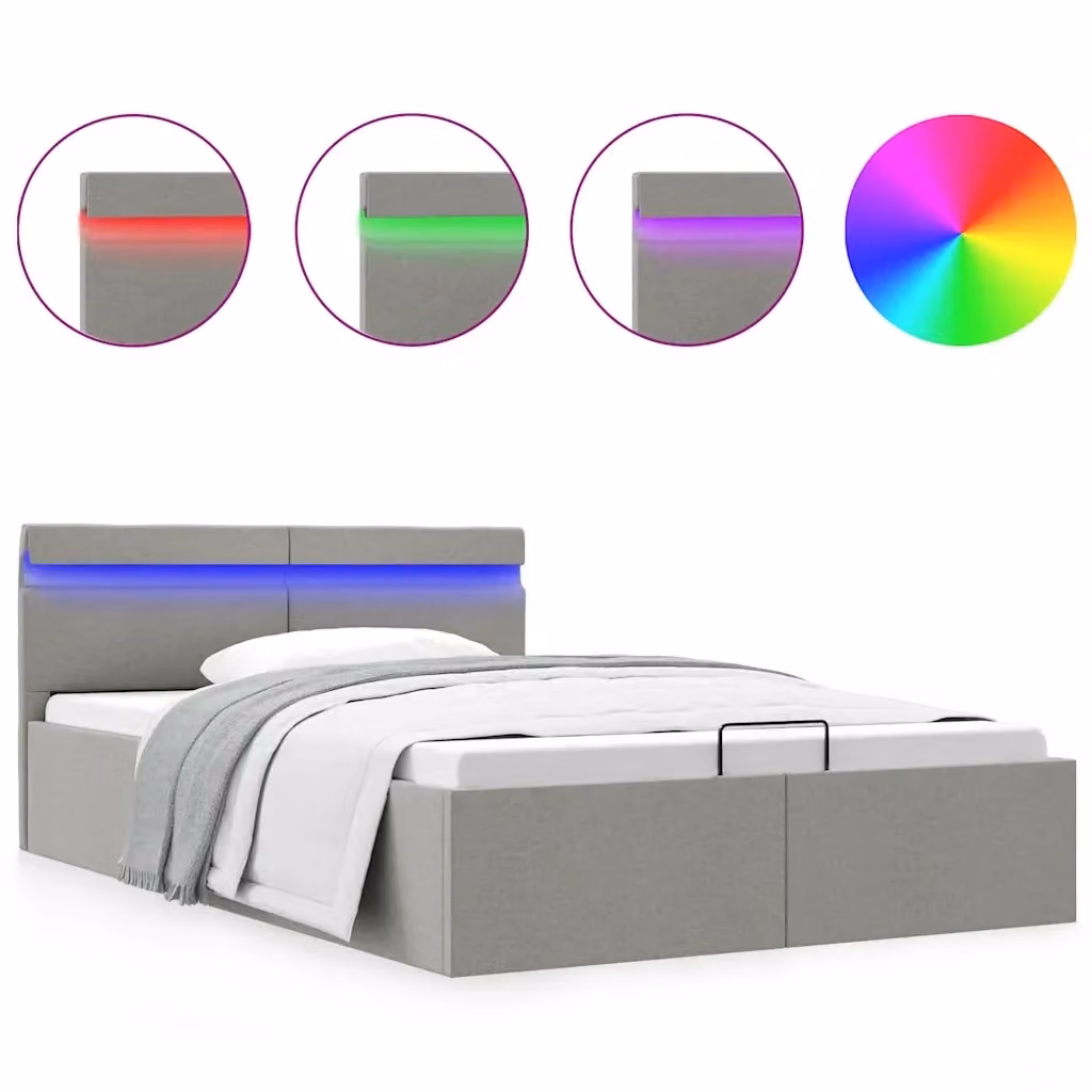 Letto contenitore con base a sollevamento vidaXL in tessuto grigio chiaro con illuminazione LED e porta USB, L/P/H: 140 x 200 cm – 2