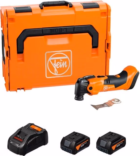 Utensile Multifunzione FEIN MULTIMASTER AMM 500 PLUS AS Arancione con 2 batterie da 5,0 Ah, caricabatterie GAL1880CV e L-Boxx 136 – 1