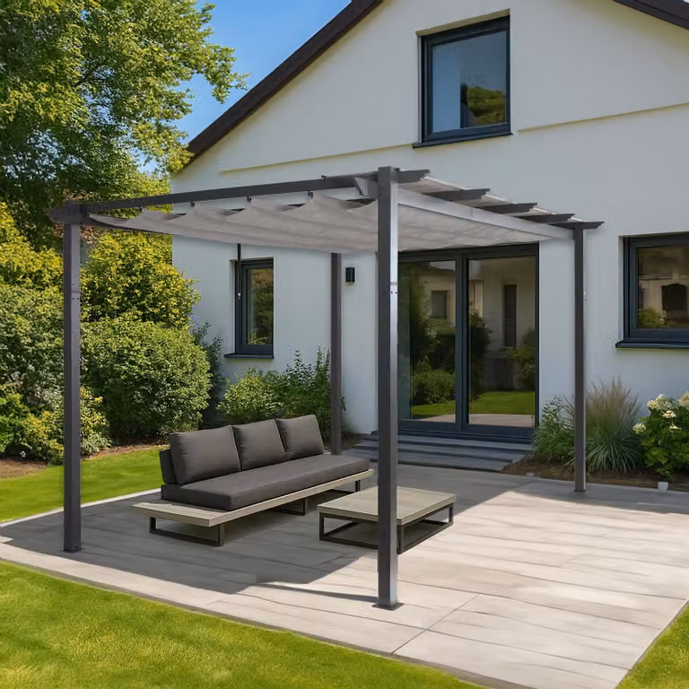 Pergola in alluminio HWC-N93, gazebo da giardino, telaio stabile da 8 cm, tetto scorrevole UV50+ 3x4m ~ grigio
