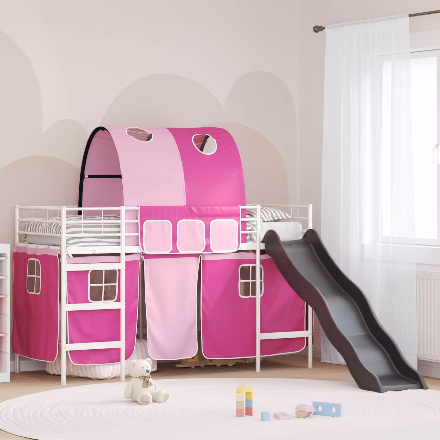Letto a castello esclusivo per bambini, con tende, bianco e rosa, dimensioni 100 x 190 cm